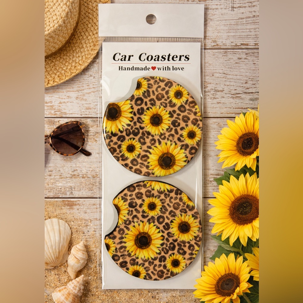 Sunflower Leopard Car Coasters